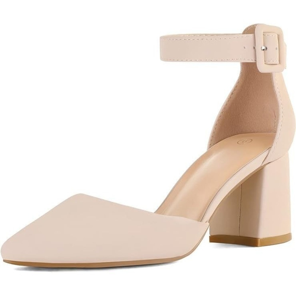 MySoft Women's Pointed Toe Chunky Heel Ankle Strap Pumps - Nude -‎ Size 8W